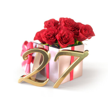 birthday concept with red roses in gift isolated on white background. twenty-seventh. 27th. 3D render