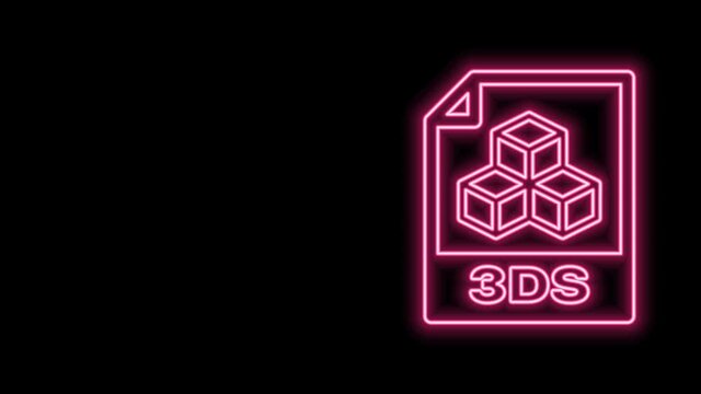 Glowing neon line 3DS file document. Download 3ds button icon isolated on black background. 3DS file symbol. 4K Video motion graphic animation