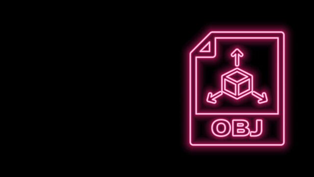 Glowing neon line OBJ file document. Download obj button icon isolated on black background. OBJ file symbol. 4K Video motion graphic animation