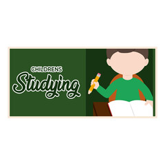 Isolated boy write childrens studying school banner - Vector