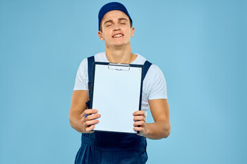 Delivery service man worker rendering service blue background