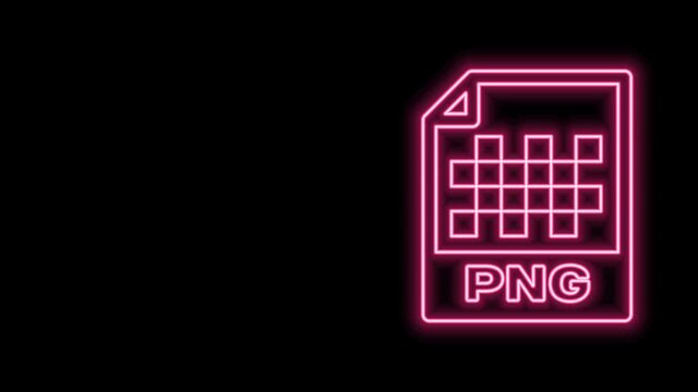 Glowing neon line PNG file document. Download png button icon isolated on black background. PNG file symbol. 4K Video motion graphic animation