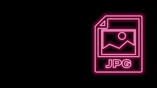 Glowing neon line JPG file document. Download image button icon isolated on black background. JPG file symbol. 4K Video motion graphic animation