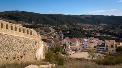Fototapeta na wymiar Landscape of the medieval village of Morella surrounded by the wall , Morella, Castellon, Spain