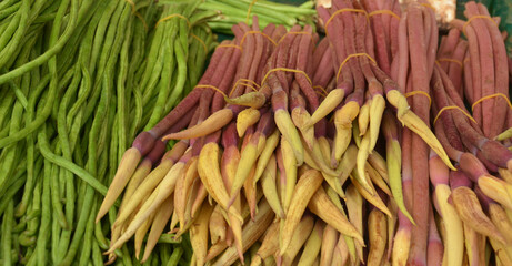 taro flower and long bean on the stall for sale