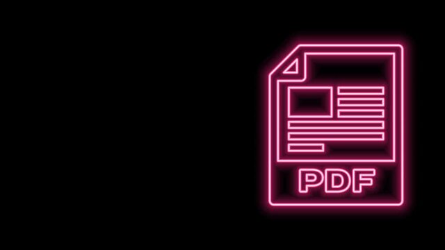 Glowing neon line PDF file document. Download pdf button icon isolated on black background. PDF file symbol. 4K Video motion graphic animation