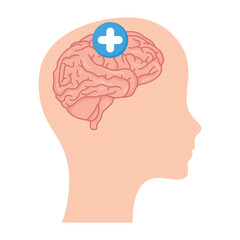 profile with brain human and pluss symbol mental health care icon