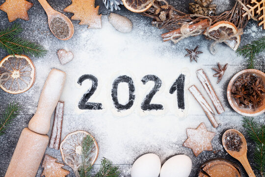 Happy New Year 2021 written on flour. Christmas, New Year greeting card
