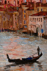 Silhouette of Venezian gondolier punting gondola in Grand canal.  Oil painting on canvas. © Mariia