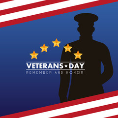 happy veterans day lettering with officer silhouette and usa flag