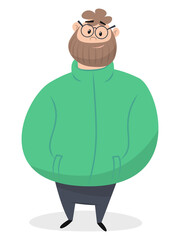 bearded man in green jacket holding his hands in his pockets isolated on white background
