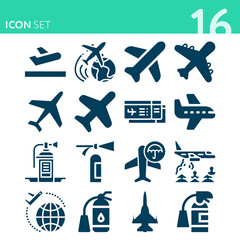 Simple set of 16 icons related to planes