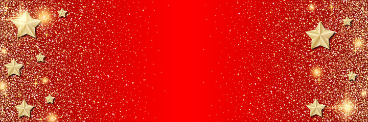 Obraz na płótnie Canvas Christmas and New Year vector banner template. Red gradient vector background with stars and glitter effect