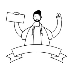 young man celebrating with voting card avatar character line style