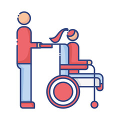 helper with woman in wheelchair disabled flat style icon