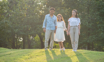 Asian people, happy families, outdoor life after the virus crisis. 