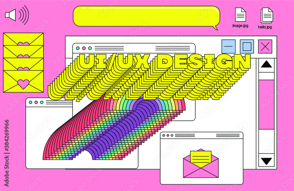 Poster Cover for UI and UX web design theme with collage of user interface elements and typographic composition. Vaporwave aesthetics of 80's-90's.