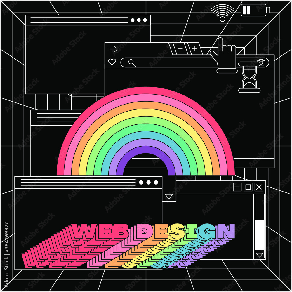 Poster Cover for UI and UX web design theme with collage of user interface elements and typographic composition. Vaporwave aesthetics of 80's-90's.