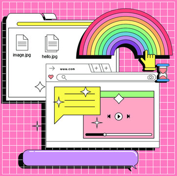 Collage Of User Interface Elements And Rainbow Symbol, Vaporwave Aesthetics Of 80's,