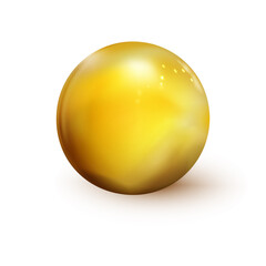 Glossy golden sphere, polished ball isolated on white background. Orb icon 3d gold color. Realistic geometric design. Template shape with shadows. Vector illustration