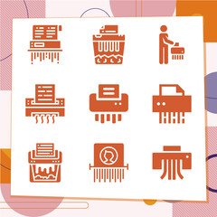 Simple set of 9 icons related to shredder