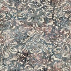 Chic formal grungy damask texture seamless pattern. High quality illustration. Ornate flourish baroque design in a trendy posh exotic style. Grainy fabric texture overlay.