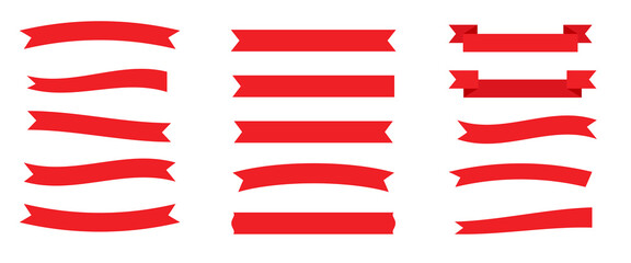 Obraz premium Flat red ribbons set. Retro flag, blank tape for text, price tag, sale label. Empty different shape simple ribbons template. Cartoon decorative paper banner. Isolated on white vector illustration