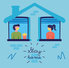 stay home campaign lettering with people in windows of building