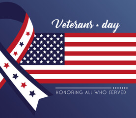 happy veterans day lettering with ribbon campaign and usa flag