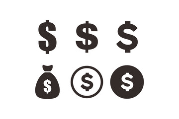 Set of Simple Flat Black Dollar Icon Sign Illustration Design, Silhouette Dollar Symbol Collection Template Vector