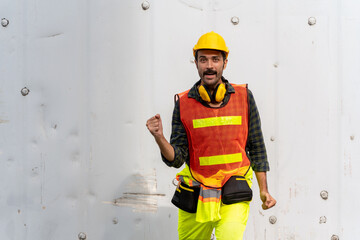 Dockworker celebrating success with clenched fists and raised his hand. Portrait of the engineer working with cargo transport containers in a shipping yard. Concept of logistics and transportation.