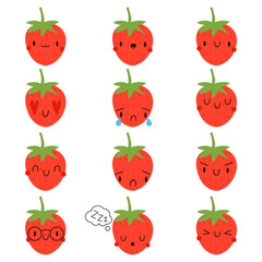 Set Kawaii Cartoon Strawberry. Vector Illustration 