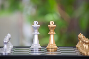 The king pieces on the chess board are facing each other