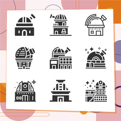 Simple set of 9 icons related to observatory