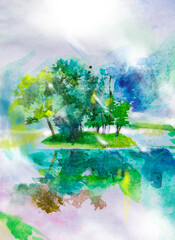 Fototapeta premium The island with the trees. Watercolor summer landscape. The scenic picture on the wall, the background for the card. Nature and the environment. Vacation travel fishing. Sun rays through clouds