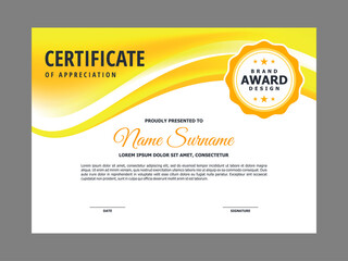 Abstract Smooth Certificate with Fresh Yellow Wavy Element Design, Professional Modern Certificate Template Vector