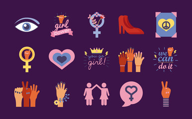 bundle of fifteen feminism flat style icons