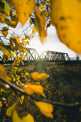 Maintenance Trains Crossing Truss Bridge in Autumn