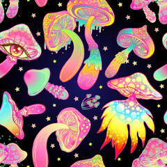 Magic mushrooms. Psychedelic hallucination. Vibrant vector illustration. 60s hippie colorful background, hippie and boho texture. Ttrippy wallpaper.