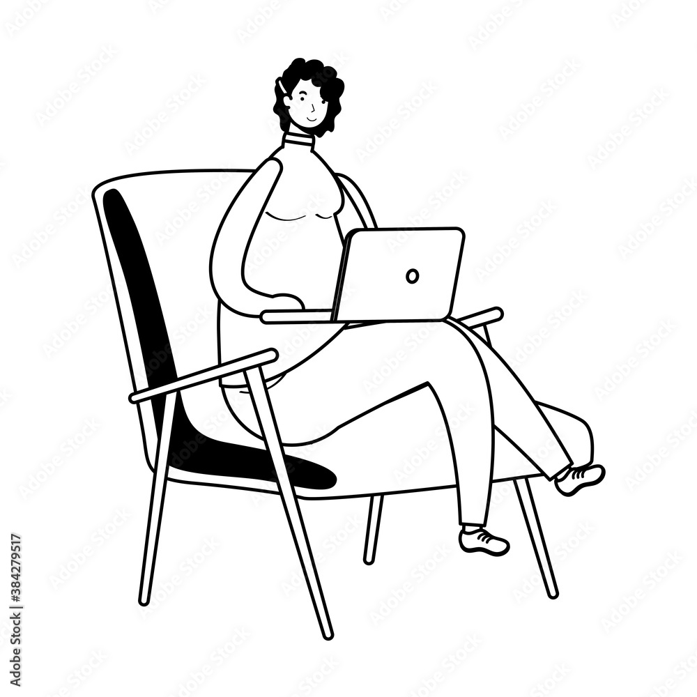 Sticker young woman working in laptop seated in sofa character line style