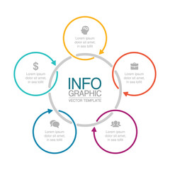 Vector infographic template, circle with 5 steps or options. Data presentation, business concept design for web, brochure, diagram.