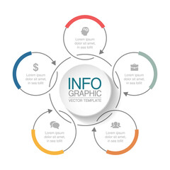 Vector infographic template, circle with 5 steps or options. Data presentation, business concept design for web, brochure, diagram.