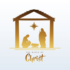 happy merry christmas manger scene with golden holy family in stable silhouette