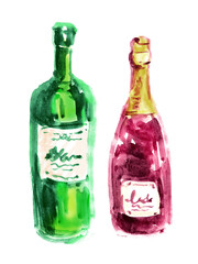 ワインボトルが黄緑とワインレッドの2本の手描き、水彩風イラスト