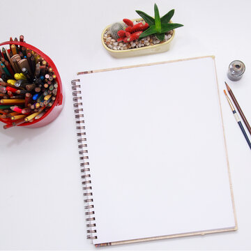 Libreta de dibujo con lapices de color y planta
