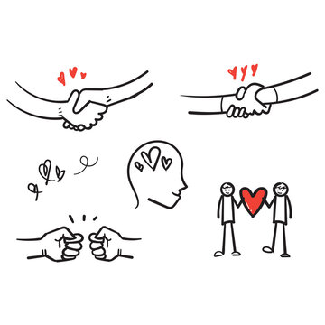 hand drawn Friendship and Love Vector Line Icons Set. Relationship, Mutual Understanding, Mutual Assistance, Interaction. doodle style