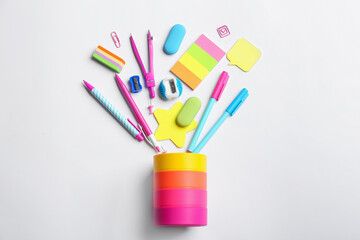 Flat lay composition with school stationery on white background. Back to school