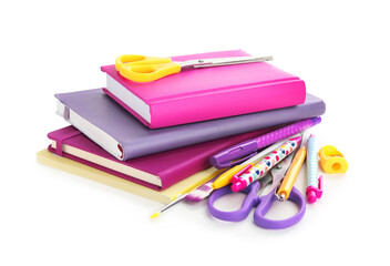 Set of colorful school stationery on white background