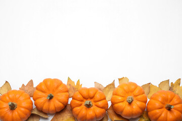 Composition with pumpkins and autumn leaves on white background, top view