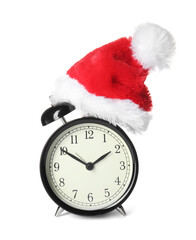 Alarm clock with Santa hat on white background. Christmas countdown